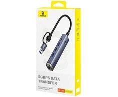 4in1 šakotuvas „Baseus UltraJoy“ su USB-A ir USB-C jungtimis, 3xUSB3.0+USB-C+RJ45 (pilkas)