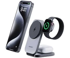 Magnetinis belaidis įkroviklis 3 viename MagFusion Aukey LC-MC312, 15 W Qi2 (pilka)