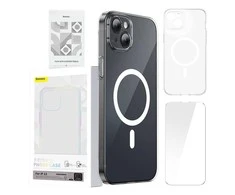 Telefono dėklas Baseus Magnetic Crystal Clear, skirtas iPhone 13 (skaidrus) su viso grūdinto stiklo ekrano apsauga ir valymo rinkiniu