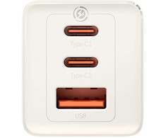Sieninis įkroviklis Baseus GaN5 2x USB-C + USB, 65W + laidas 1m (baltas)