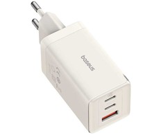 Sieninis įkroviklis Baseus GaN5 2x USB-C + USB, 65W + laidas 1m (baltas)