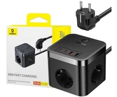 Sieninis įkroviklis Baseus PowerCombo 3AC+2U+2C 30W, 1.5m (juodas)
