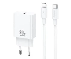 Sieninis įkroviklis Remax, RP-U5, USB-C, 20W (baltas) + Lightning kabelis