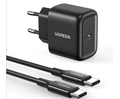 Sieninis įkroviklis UGREEN CD250, 25W, USB-C (juodas) + USB-C į USB-C laidas, 2m (juodas)