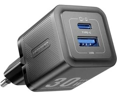 Vention Sieninis įkroviklis, ventiliacija, FEQB0-EU, USB-C, USB-A, 30W/30W, GaN (juoda)