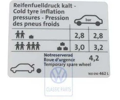 Vag Golf Mk5 Mk6 2006 2009 Rekomenduojama Padangos Slegio Etiketė Originalus 1K0010462L