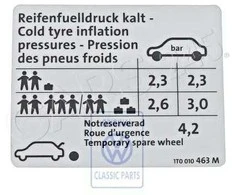 VAG Originalus Volkswagen duomenų ženklas padangų slėgiui NOS 1T0010463M
