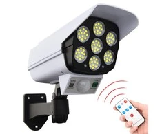 8W 6500K LED šviestuvas-kameros imitacija su saulės baterija ir judesio davikliu. Su nuotolinio valdymo pulteliu