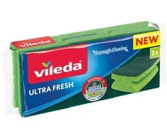 VILEDA Ultra Fresh kempinės, 3 vnt. – antibakterinės kempinės su apsauga nuo nemalonių kvapų.