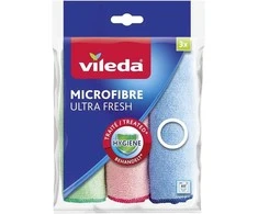 VILEDA "Ultra Fresh" mikropluošto šluostės, 3 vnt., įvairių spalvų, su sidabro jonais, antibakterinės mikropluošto šluostės su apsauga nuo nemalonių kvapų.