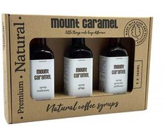 „Mount Caramel“ sirupų rinkinys 3 × 100 ml – Aviečių · Gėrimo kokteilis · Obuolių karštas vynas