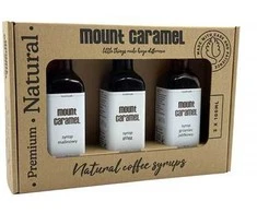 „Mount Caramel“ sirupų rinkinys 3 × 100 ml – Aviečių · Gėrimo kokteilis · Obuolių karštas vynas