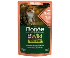 Monge BWild kons.pašaras sterilizuotoms katėms su lašiša, krevetėmis ir daržovėmis padaže 85g