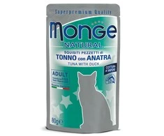 Monge Natural konservai pašaras suaugusioms katėms tuno kąsneliai su antiena želėje 80g