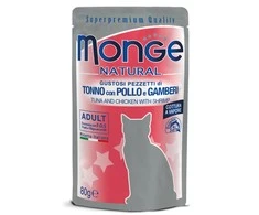 Monge Natural konservai pašaras suaugusioms katėms tuno ir vištienos kąsneliai su krevetėmis želėje 80g