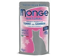 Monge Natural konservai pašaras suaugusioms katėms tuno kąsneliai su krevetėmis želėje 80g