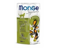 Monge SUPREME - Cat Wet Pouches su tunu, midijomis ir alyvuogėmis - suaugusioms katėms (80g)