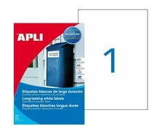 Lipnios etiketės Apli, A4, 210x297mm, atsparios aplinkos poveikiui, poliesterio, 20 lapų, baltos spalvos