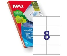 Lipnios etiketės Apli, A4, 105x74mm , 8 etiketės lape, 100 lapų, baltos spalvos