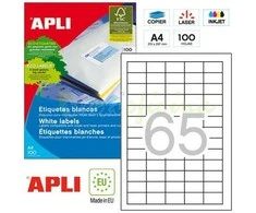 Lipnios etiketės Apli, A4, 38x21.2mm, 65 etiketės lape, 100 lapų, baltos spalvos