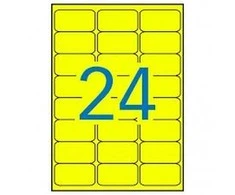 Lipnios etiketės Apli, A4, 64x33.9mm, 24 etiketės lape, 20 lapų, neoninės geltonos spalvos