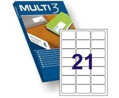 Multi 3 Lipnios etiketės Multi3, A4, 63.5x38.1mm, 21 etiketė lape, 100 lapų, baltos spalvos