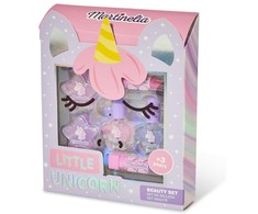 Aquarius MARTINELIA Little Unicorn rinkinys: nagų lakas- 2x 4,5 ml, 2x 2,5 g blizgantys lūpų balzamai ir 2x1,5 g lūpdažis.