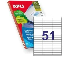 Lipnios etiketės Apli, A4, 70x16,9mm, 51 etiketė lape, 100 lapų, baltos spalvos