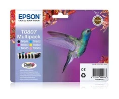 Epson „Hummingbird“ kelių spalvų pakuotė, 6 spalvos, T0807 „Claria“ fotografinis rašalas, juoda, žydra, šviesiai žydra, šviesiai rausvai raudona, rausvai raudona, geltona, 1 vnt., kelių spalvų pakuotė