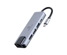 GEMBIRD A-CM-COMBO5-04 kelių prievadų adapteris C tipo USB 5in1 šakotuvas + HDMI + PD + LAN