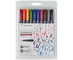 Tombow WS-BH-10P, plonas/vidutinis, 10 spalvų, juoda, mėlyna, žalia, pilka, oranžinė, rožinė, geltona, apvalus ir teptuko formos antgalis, daugiaspalvis, apvalus