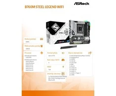 Pagrindinė plokštė ASROCK Intel B760 Express, LGA1700, Micro-ATX, Atmintis DDR5, Atminties lizdai 4, 1xPCI-Express 4.0 1x, 1xPCI-Express 5.0 16x, 4xM.2, 1xHDMI, 1xDisplayPort, 2xUSB, 2xUSB, 2x,3. 1xPS/2, 1xRJ45, 3xgarso prievadas, B760MSTEELLEGENDWIFI