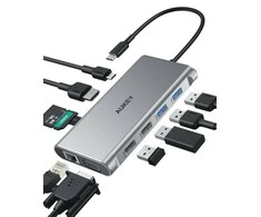 Aukey CB-C89 aliuminio šakotuvas USB-C | 10w1 | RJ45 Ethernet 10/100/1000Mbps | 4xUSB | HDMI 4k@30Hz | SD ir Micro SD | USB-C maitinimo tiekimas 100 W