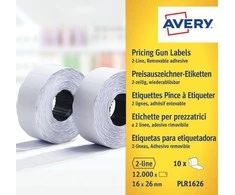 „Avery Price“ etiketės, susuktos dviejų eilučių etikečių klijavimui; nuimamas; 1200 etikečių / ritinys; 10 ritinių/pak.; 16 x 26 mm, balta