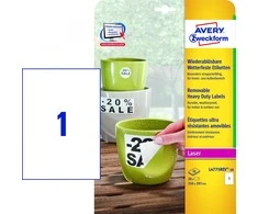 Lipnios etiketės Avery Zweckform, A4, atsparios drėgmei, 210x297mm, 1 etiketė lape, 20 lapų, nuklijuojamos, baltos spalvos