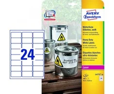 Lipnios etiketės Avery Zweckform, A4, atsparios drėgmei, 63.5x33.9mm, 24 etiketės lape, 20 lapų, matinės, permanentinės, baltos spalvos