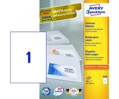 Lipnios etiketės Avery Zweckform, A4, 210x297mm, 1 etiketė lape, be rėmelio, 100 lapų, baltos spalvos