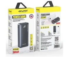 AWEI PowerBank P134K 20000mAh juodos spalvos ekranas + USB/PD/Lightning/MicroUSB laidai