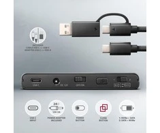 Axagon USB 3.2 Gen 2 adapteris, skirtas prijungti NVMe M.2 SSD ir SATA 2,5"/3,5" diskus su klonavimo funkcija.