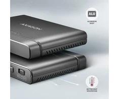 Axagon USB 3.2 Gen 2 adapteris, skirtas prijungti NVMe M.2 SSD ir SATA 2,5"/3,5" diskus su klonavimo funkcija.