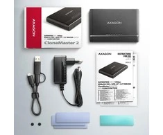 Axagon USB 3.2 Gen 2 adapteris, skirtas prijungti NVMe M.2 SSD ir SATA 2,5"/3,5" diskus su klonavimo funkcija.