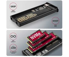 „AXAGON“ išorinė metalinė dėžutė su USB-C 10 Gbps prievadu ir informaciniu ekranu, skirta M.2 NVMe ir SATA SSD diskams | EEM2-SD2