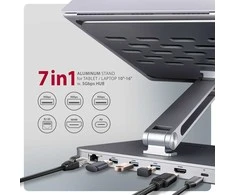 AXAGON HMC-STND ALU stovas su 5 Gbps šakotuvu, skirtas 10–16 colių nešiojamiesiems kompiuteriams, reguliuojamas, 3x USB-A, HDMI 4K/60Hz, GLAN, PD 100 W, USB-C įvestis