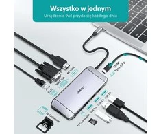 Choetech 9in1 multifunctional USB Type C HUB – 3x USB 3.2 Gen 1 / SD and TF memory card reader / HDMI 4K 30Hz / VGA Full HD 60Hz / USB Type C / RJ45 pilka (HUB-M15 pilka)
