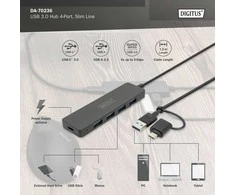 HUB USB Digitus Hub USB 3.0 / Hub DIGITUS 4 prievadų SlimLine USB A + USB-C adapteris 1,2 m 5 Gbps USB-C maitinimo jungtis