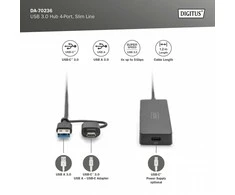HUB USB Digitus Hub USB 3.0 / Hub DIGITUS 4 prievadų SlimLine USB A + USB-C adapteris 1,2 m 5 Gbps USB-C maitinimo jungtis