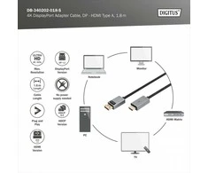 Digitus 4K DisplayPort Adapteris Cable, DP - HDMI Type A | DB-340202-018-S | 1.8 m