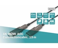 Digitus Hibridinis AOC HDMI 2.0 Premium didelės spartos Ethernet 4K60Hz UHD HDMI D/A HDMI D/A M/M kabelis, juodas, 15 m