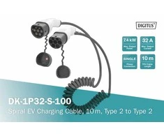 Automobilių įkrovimo kabelis Digitus Taip2-Taip2, 1- fazė 230V, 32A, 7.4kW, 10m spiralė (DK-1P32- S- 100)