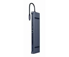 GEMBIRD A-CM-COMBO10-01 USB Type C 10in1 kelių prievadų adapteris USB šakotuvas + HDMI + VGA + PD + kortelių skaitytuvas + LAN + 3,5 mm garso erdvės pilkas
